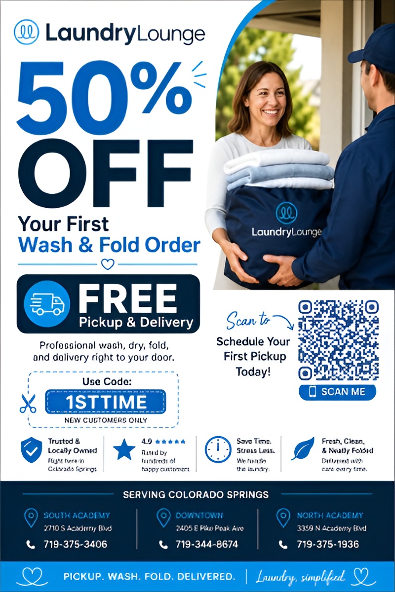 Laundry Lounge 50 percent off first Wash and Fold order special